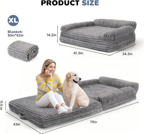 Foldable Human Dog Bed for Adult, Fluffy Faux Angora Human Sized Pet Bed with Blanket, Orthopedic Dog Bed with Egg Foam and Water Repellent Liner (Light Grey (Foldable), 79" Length) in Kuwait