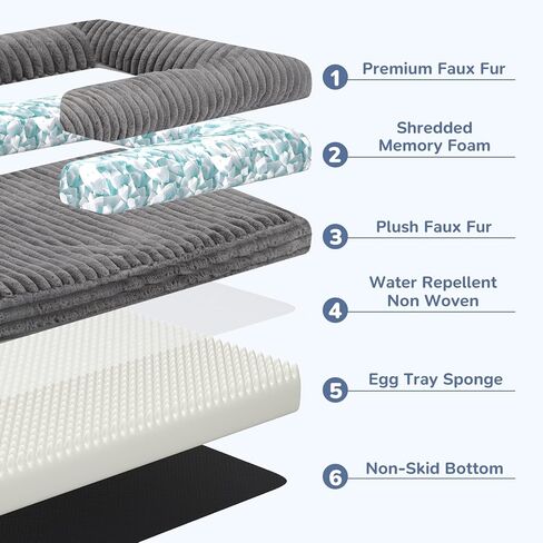 Foldable Human Dog Bed for Adult, Fluffy Faux Angora Human Sized Pet Bed with Blanket, Orthopedic Dog Bed with Egg Foam and Water Repellent Liner (Light Grey (Foldable), 79" Length) in Kuwait