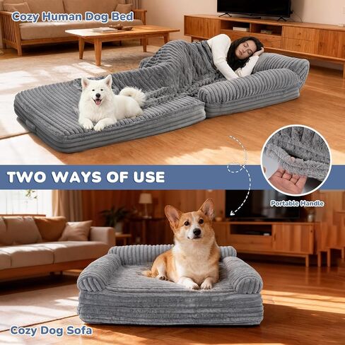 Foldable Human Dog Bed for Adult, Fluffy Faux Angora Human Sized Pet Bed with Blanket, Orthopedic Dog Bed with Egg Foam and Water Repellent Liner (Light Grey (Foldable), 79" Length) in Kuwait
