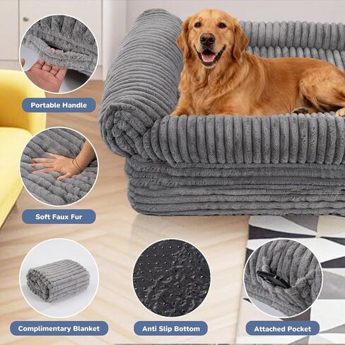 Foldable Human Dog Bed for Adult, Fluffy Faux Angora Human Sized Pet Bed with Blanket, Orthopedic Dog Bed with Egg Foam and Water Repellent Liner (Light Grey (Foldable), 79" Length) in Kuwait