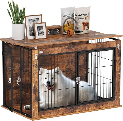 PawHut 39" Dog Crate Furniture with Flip-up Top Opening, Decorative Dog Kennel Furniture Side Table with 2 Doors for Large Breeds, Rustic Brown in Saudi Arabia