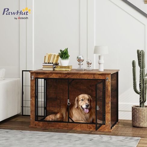 PawHut 39" Dog Crate Furniture with Flip-up Top Opening, Decorative Dog Kennel Furniture Side Table with 2 Doors for Large Breeds, Rustic Brown in Saudi Arabia