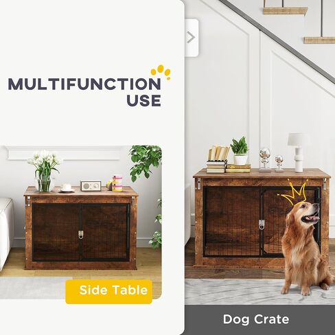 PawHut 39" Dog Crate Furniture with Flip-up Top Opening, Decorative Dog Kennel Furniture Side Table with 2 Doors for Large Breeds, Rustic Brown in Saudi Arabia