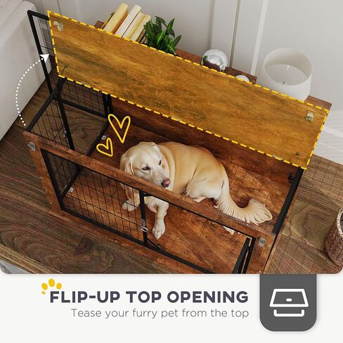 PawHut 39" Dog Crate Furniture with Flip-up Top Opening, Decorative Dog Kennel Furniture Side Table with 2 Doors for Large Breeds, Rustic Brown in Saudi Arabia