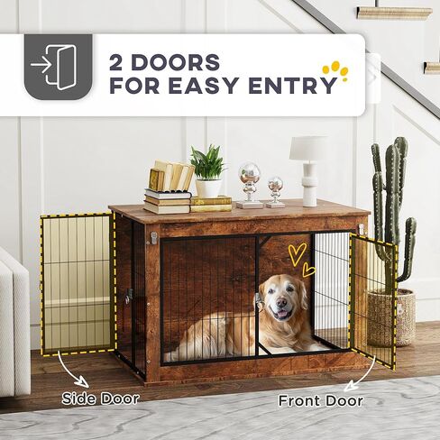 PawHut 39" Dog Crate Furniture with Flip-up Top Opening, Decorative Dog Kennel Furniture Side Table with 2 Doors for Large Breeds, Rustic Brown in Saudi Arabia