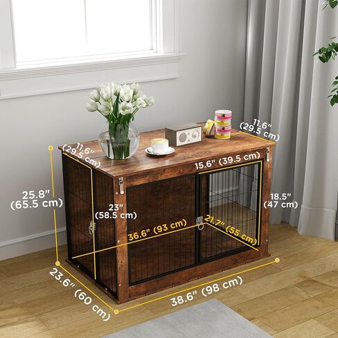 PawHut 39" Dog Crate Furniture with Flip-up Top Opening, Decorative Dog Kennel Furniture Side Table with 2 Doors for Large Breeds, Rustic Brown in Saudi Arabia