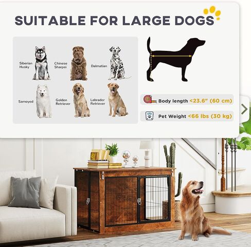 PawHut 39" Dog Crate Furniture with Flip-up Top Opening, Decorative Dog Kennel Furniture Side Table with 2 Doors for Large Breeds, Rustic Brown in Saudi Arabia