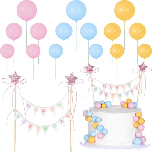 16 قطعة من أعلى كعكة عيد ميلاد سعيد، لافتة علوية للكيك مع عمود خشبي، إكليل قوس قزح مع شريط فيونكة، ديكور كب كيك لحفلات أعياد الميلاد (الوردي والأزرق والأصفر) in Kuwait