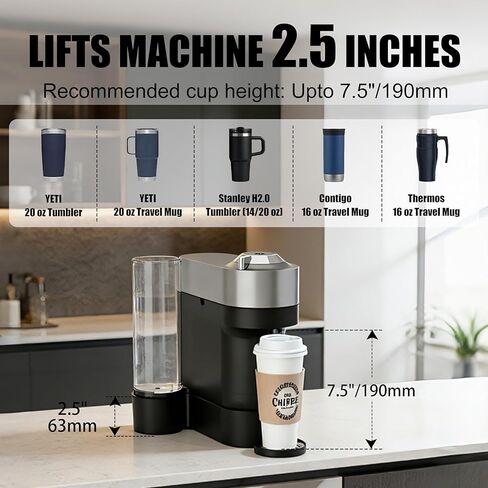 حامل Riser لـ Nespresso Vertuo Pop+، حامل ارتفاع 2.5 بوصة، قاعدة ماكينة قهوة مطبوعة ثلاثية الأبعاد، متوافق مع النماذج القياسية والفاخرة، يناسب أكواب YETI سعة 20 أونصة وأكواب Contigo سعة 16 أونصة (أسود) in Kuwait