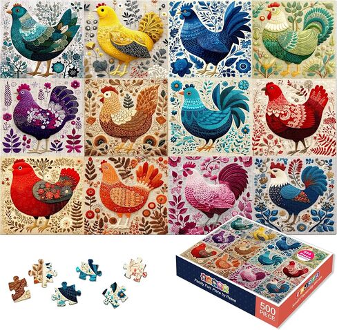 500 Piece Puzzle for Adults - Folk Art Rooster Collage Decorative Chicken Pattern - Colorful Botanical Embroidery Style Jigsaw 52x38cm with Reference Poster - Unique Farmhouse Art Gift in Saudi Arabia