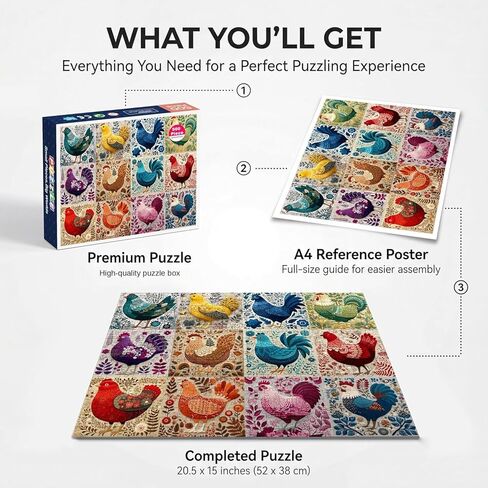 500 Piece Puzzle for Adults - Folk Art Rooster Collage Decorative Chicken Pattern - Colorful Botanical Embroidery Style Jigsaw 52x38cm with Reference Poster - Unique Farmhouse Art Gift in Saudi Arabia