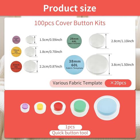 100 Sets Cover Buttons Kit with Tools, 5 Sizes Enduring Button Cover Kit, DIY Fabric Covered Aluminum Alloy Craft Set for DIY Covered Buttons, Clothes, Hats, Sweaters, Backpacks and Crafts in Saudi Arabia