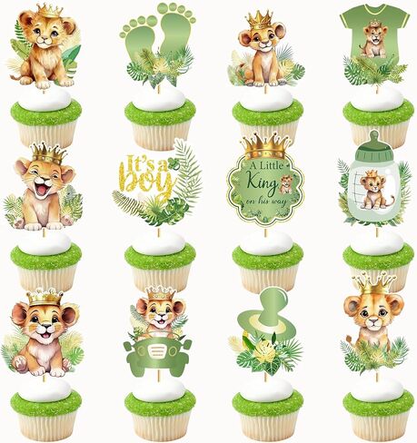 24 Pcs Lion Baby Shower Decorations: Lion Cupcake Toppers A Little King Is On His Way Baby Shower Safari Cupcake Toppers Wild Jungle Safari Gender Reveal Decoration in Saudi Arabia