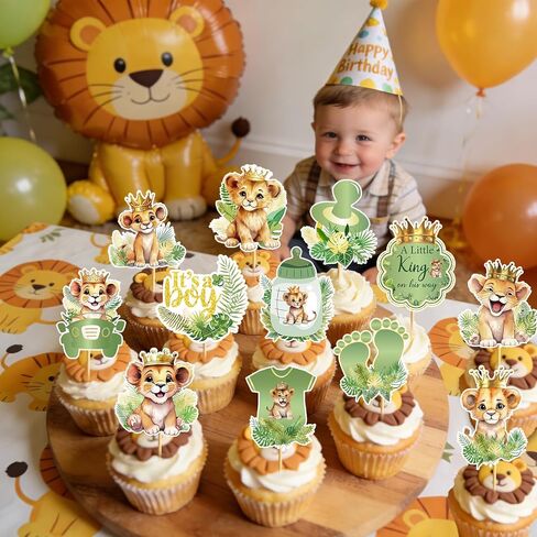 24 Pcs Lion Baby Shower Decorations: Lion Cupcake Toppers A Little King Is On His Way Baby Shower Safari Cupcake Toppers Wild Jungle Safari Gender Reveal Decoration in Saudi Arabia