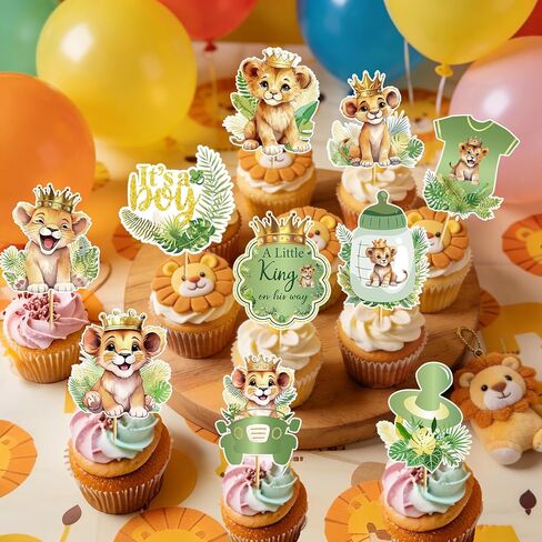 24 Pcs Lion Baby Shower Decorations: Lion Cupcake Toppers A Little King Is On His Way Baby Shower Safari Cupcake Toppers Wild Jungle Safari Gender Reveal Decoration in Saudi Arabia
