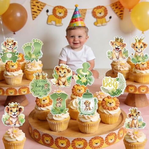 24 Pcs Lion Baby Shower Decorations: Lion Cupcake Toppers A Little King Is On His Way Baby Shower Safari Cupcake Toppers Wild Jungle Safari Gender Reveal Decoration in Saudi Arabia