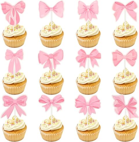 24PCS Pink Bow Cupcake Toppers Coquette Bow Cupcake Toppers Pink Bows Coquette Birthday Cake Decorations Bows Theme Party Decor for Bachelorette Bridal Engagement Wedding Baby Shower in Saudi Arabia