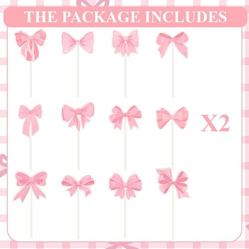 24PCS Pink Bow Cupcake Toppers Coquette Bow Cupcake Toppers Pink Bows Coquette Birthday Cake Decorations Bows Theme Party Decor for Bachelorette Bridal Engagement Wedding Baby Shower in Saudi Arabia