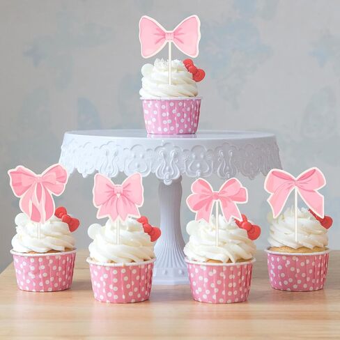 24PCS Pink Bow Cupcake Toppers Coquette Bow Cupcake Toppers Pink Bows Coquette Birthday Cake Decorations Bows Theme Party Decor for Bachelorette Bridal Engagement Wedding Baby Shower in Saudi Arabia