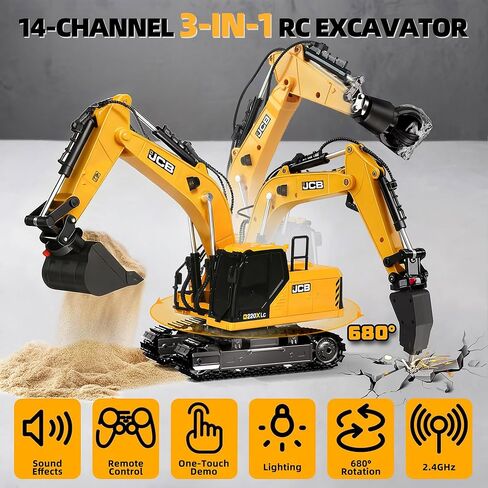 BRRRRT Remote Control Excavator 3 in 1 Remote Control Construction Vehicles with Drill Bit, Grab Bucket & Digging Hook,14 Channel RC Excavator with Lights & Sounds for Boys and Girls Age 3+ in Saudi Arabia