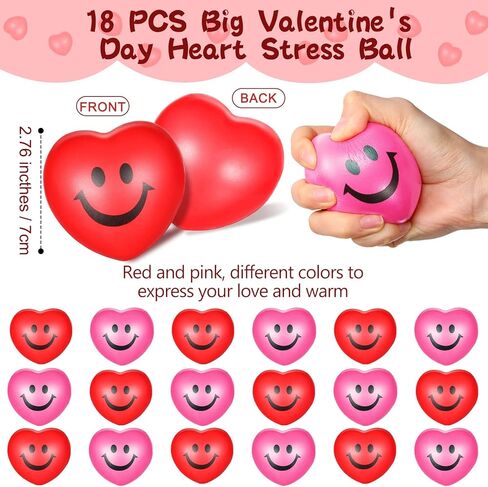 Vinsot 18 Pieces 2.76" Valentine's Day Heart Stress Balls Heart Shaped Foam Balls Heart Smile Face Stress Balls Big Heart Relaxable Balls Valentine Party Favors for Adults(Red, Pink) in Saudi Arabia