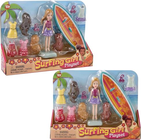 Surfing Girl Figurine Playset – 10-Piece Set with Interchangeable Hairstyles, Outfits, and Surfboard – Creative Beach-Themed Toy for Kids Ages 3 and Up in Saudi Arabia