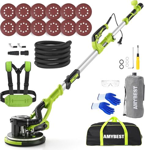 AMYBEST Drywall Sander, Powerful Electric Drywall Sander with Vacuum Dust Collection, 5 Speed 1000-2100 RPM, Popcorn Ceiling Remover, LED Light & 12 Sanding Discs, Extendable Handle (GREEN） in Saudi Arabia