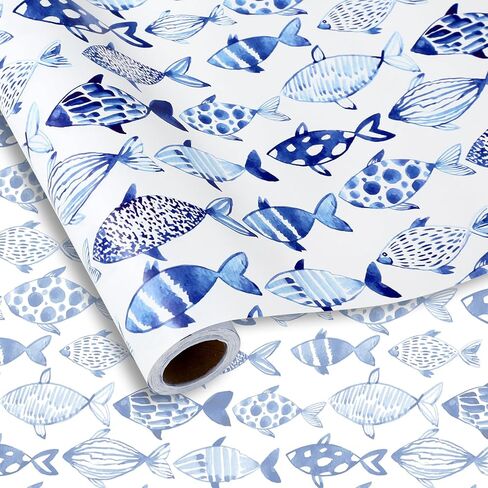 AnyDesign Ocean Fish Wrapping Paper - Mini Roll - 17 In x 32.8 Ft Blue Watercolor Under The Sea Fish Gift Wrap Paper for DIY Crafts Summer Birthday Holiday Party Supplies in Saudi Arabia