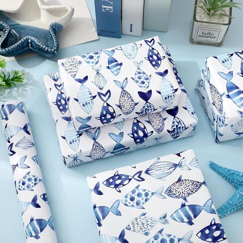 AnyDesign Ocean Fish Wrapping Paper - Mini Roll - 17 In x 32.8 Ft Blue Watercolor Under The Sea Fish Gift Wrap Paper for DIY Crafts Summer Birthday Holiday Party Supplies in Saudi Arabia