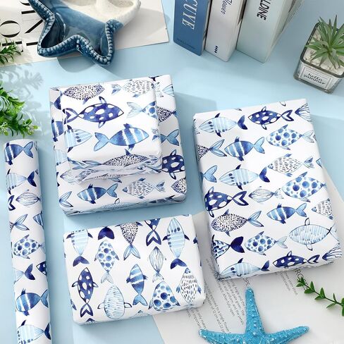 AnyDesign Ocean Fish Wrapping Paper - Mini Roll - 17 In x 32.8 Ft Blue Watercolor Under The Sea Fish Gift Wrap Paper for DIY Crafts Summer Birthday Holiday Party Supplies in Saudi Arabia