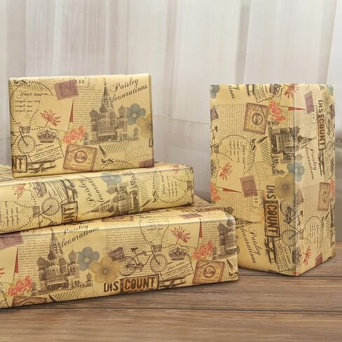 Geluode Vintage Russian Paris Bicycle Wrapping Paper, 4 Sheets Vintage French Romance Design Kraft Wrapping Paper 20x28 inches, Kraft Traveller Gift Wrap Folded Flat for Birthday or Wedding in Saudi Arabia