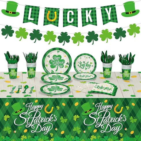 Geyee 172 Pcs St Patricks Day Party Supplies Serves 24, Includes Shamrock Tablecloth, Lucky Banner, Plates, Napkins, Tableware Set for St Patrick's Day Irish Birthday Party Decoration in Saudi Arabia