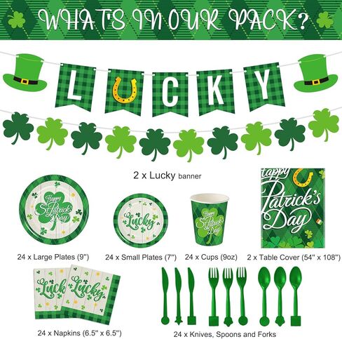 Geyee 172 Pcs St Patricks Day Party Supplies Serves 24, Includes Shamrock Tablecloth, Lucky Banner, Plates, Napkins, Tableware Set for St Patrick's Day Irish Birthday Party Decoration in Saudi Arabia