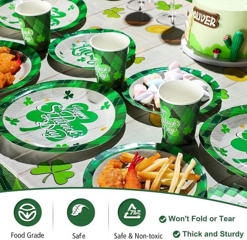 Geyee 172 Pcs St Patricks Day Party Supplies Serves 24, Includes Shamrock Tablecloth, Lucky Banner, Plates, Napkins, Tableware Set for St Patrick's Day Irish Birthday Party Decoration in Saudi Arabia