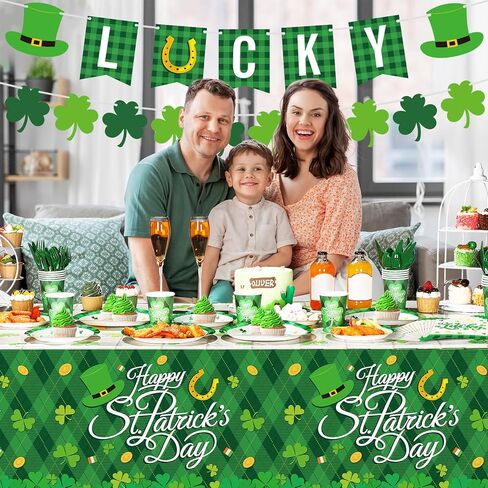Geyee 172 Pcs St Patricks Day Party Supplies Serves 24, Includes Shamrock Tablecloth, Lucky Banner, Plates, Napkins, Tableware Set for St Patrick's Day Irish Birthday Party Decoration in Saudi Arabia
