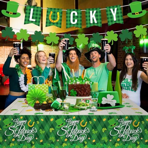 Geyee 172 Pcs St Patricks Day Party Supplies Serves 24, Includes Shamrock Tablecloth, Lucky Banner, Plates, Napkins, Tableware Set for St Patrick's Day Irish Birthday Party Decoration in Saudi Arabia