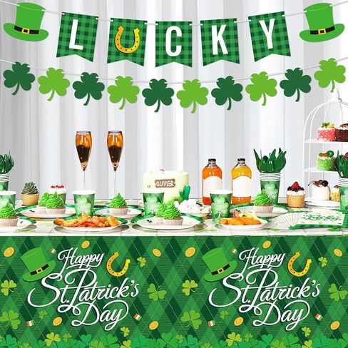 Geyee 172 Pcs St Patricks Day Party Supplies Serves 24, Includes Shamrock Tablecloth, Lucky Banner, Plates, Napkins, Tableware Set for St Patrick's Day Irish Birthday Party Decoration in Saudi Arabia