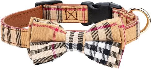 Dog Collar Classical Plaid Tartan Pattern with Bow tie Cute Puppy Brown Soft PU Leather for Small Medium Large Boy Girl Doggie Pet S in Saudi Arabia