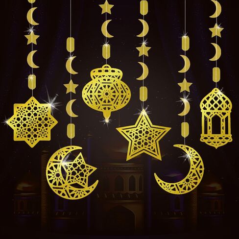 AhfuLife Ramadan Eid Mubarak Hanging Decorations for Home, 6 Pcs Pre-Tied Hanging Golden Ramadan Star Moon Lantern Decor, Reusable Islamic Eid Streamer Decorations for Festival Party in Saudi Arabia