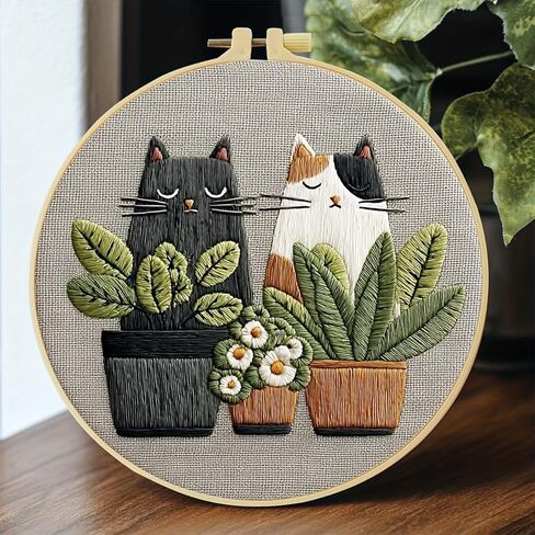 Cute Cat, Plants Patterns Embroidery Kits for Beginners,Adults Starter Cross Stitch Kit with Funny Animal Pattern,DIY Needlepoint Everything is Fine,Step by Step Instructions and Video Tutorial in Kuwait