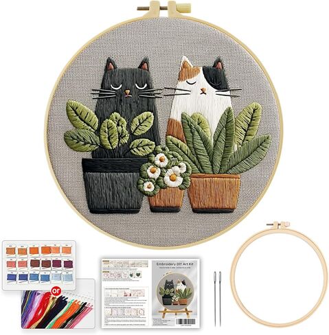 Cute Cat, Plants Patterns Embroidery Kits for Beginners,Adults Starter Cross Stitch Kit with Funny Animal Pattern,DIY Needlepoint Everything is Fine,Step by Step Instructions and Video Tutorial in Kuwait