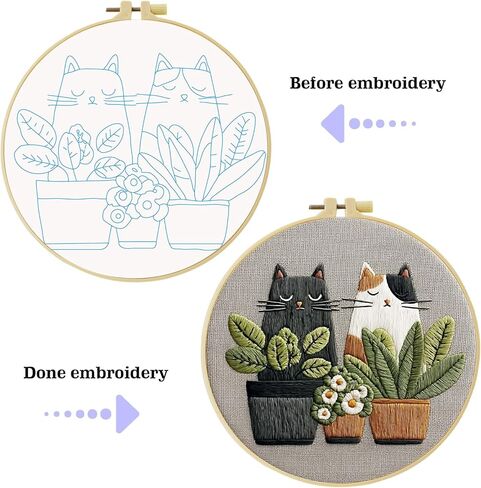 Cute Cat, Plants Patterns Embroidery Kits for Beginners,Adults Starter Cross Stitch Kit with Funny Animal Pattern,DIY Needlepoint Everything is Fine,Step by Step Instructions and Video Tutorial in Kuwait