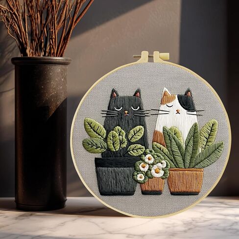 Cute Cat, Plants Patterns Embroidery Kits for Beginners,Adults Starter Cross Stitch Kit with Funny Animal Pattern,DIY Needlepoint Everything is Fine,Step by Step Instructions and Video Tutorial in Kuwait