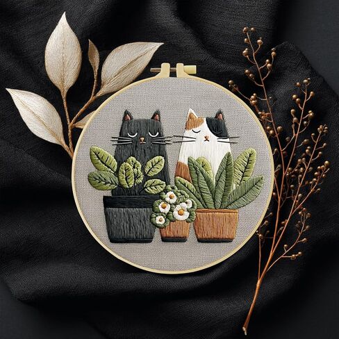 Cute Cat, Plants Patterns Embroidery Kits for Beginners,Adults Starter Cross Stitch Kit with Funny Animal Pattern,DIY Needlepoint Everything is Fine,Step by Step Instructions and Video Tutorial in Kuwait