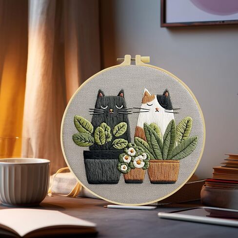Cute Cat, Plants Patterns Embroidery Kits for Beginners,Adults Starter Cross Stitch Kit with Funny Animal Pattern,DIY Needlepoint Everything is Fine,Step by Step Instructions and Video Tutorial in Kuwait