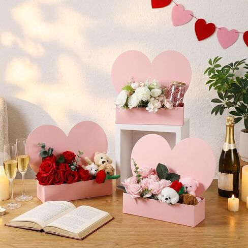 عيد الأم قلب زهرة هدية مربع على شكل قلب صناديق الزهور باقة زهرة هدية مربع الزفاف / استحمام الطفل ترتيبات ورقة حقيبة الزهور لبائع الزهور الزفاف دش الذكرى لوازم الحفلات (الوردي) in Kuwait