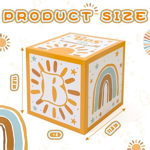 هنا يأتي صندوق حفلات الابن لاستحمام الطفل، صناديق مكعبات Sunshine Boy Boho Baby وRetro Sun Baby مع حروف لمستلزمات حفلات أعياد الميلاد الأولى لحديثي الولادة. (4 قطع) in Kuwait