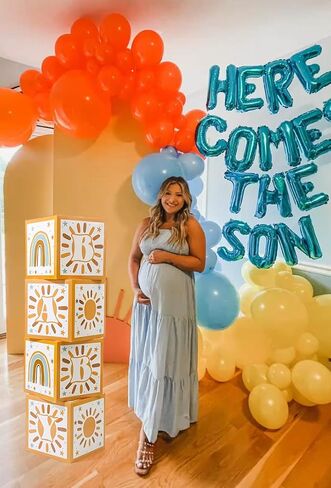 هنا يأتي صندوق حفلات الابن لاستحمام الطفل، صناديق مكعبات Sunshine Boy Boho Baby وRetro Sun Baby مع حروف لمستلزمات حفلات أعياد الميلاد الأولى لحديثي الولادة. (4 قطع) in Kuwait