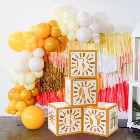 هنا يأتي صندوق حفلات الابن لاستحمام الطفل، صناديق مكعبات Sunshine Boy Boho Baby وRetro Sun Baby مع حروف لمستلزمات حفلات أعياد الميلاد الأولى لحديثي الولادة. (4 قطع) in Kuwait