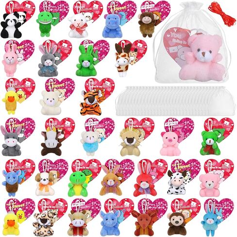 Fovths 32 Packs Valentine's Day Mini Stuffed Animal with Heart Cards Jungle Animals Plush Toy Keychain for Valentines Day Gifts School Classroom Exchange Game Prize Party Favors in Saudi Arabia